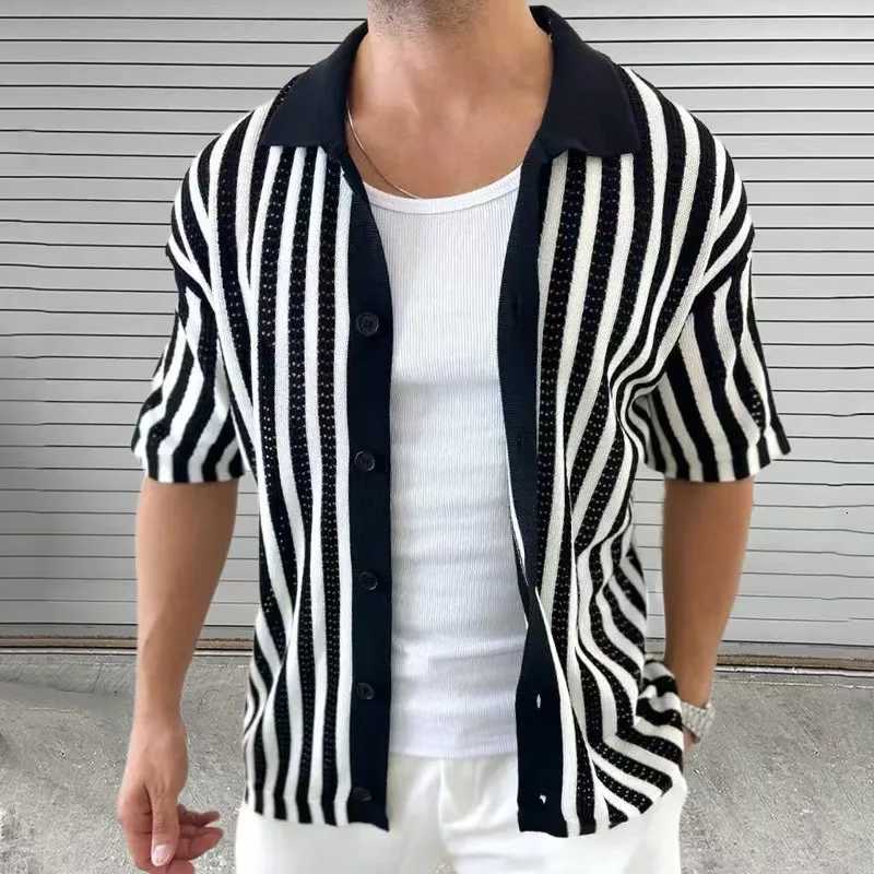 Summer Elegant Striped Mens Knitted Polo Shirts Short Sleeve Turn-Down Collar Button Cardigan Top Mens Casual Knitted Shirt XJ250805