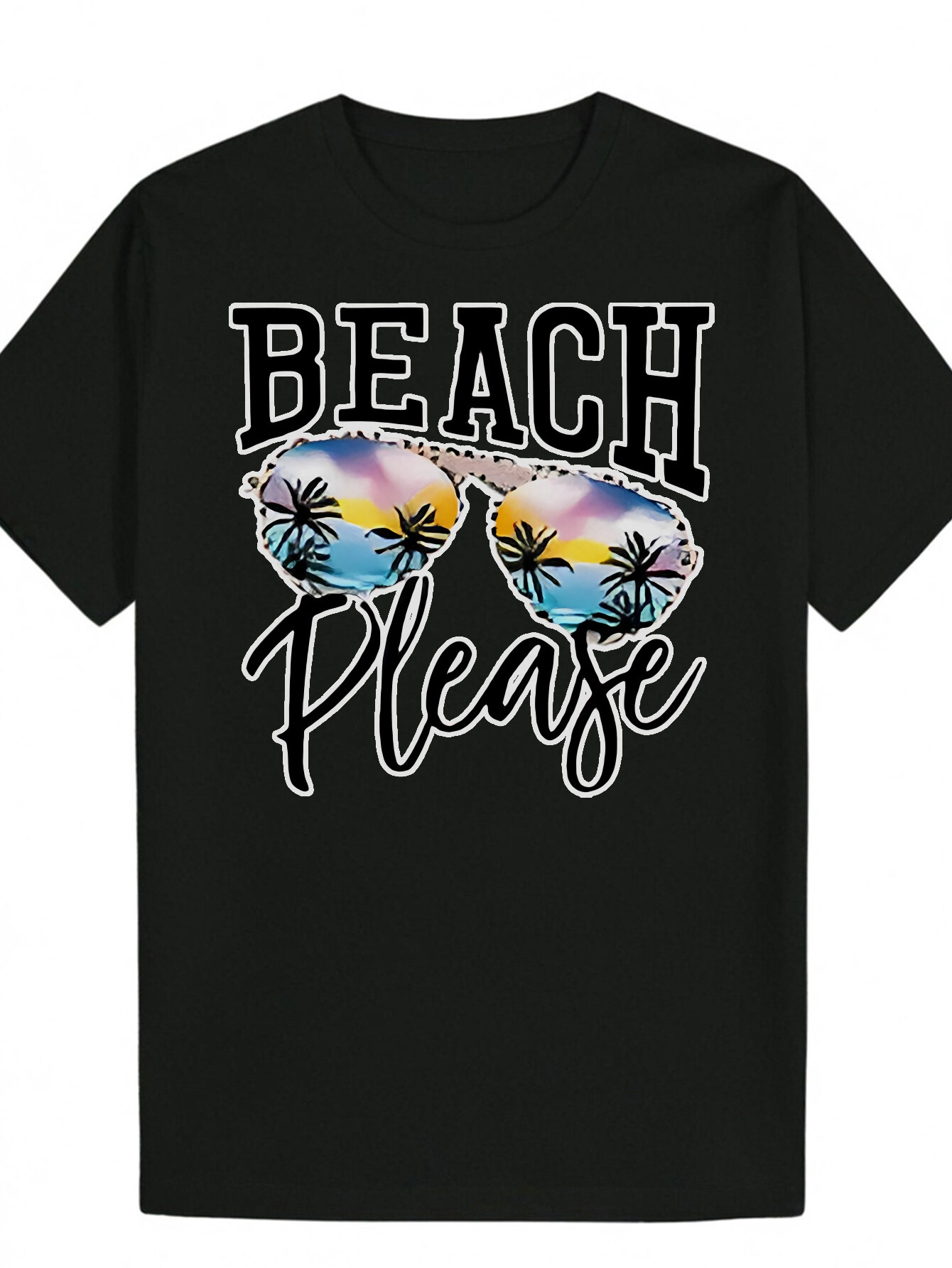 Men's Summer Casual Beach Pattern T-Shirt - Black, White "Beach Please" Text and Tropical Fashion Glasses Design, Lightweight Polyester