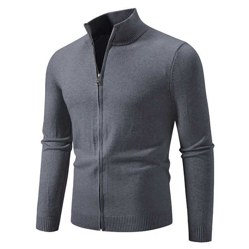 Spring Autumn Mens Fashion Stand Collar Cardigan Solid Color Slim Fit Casual Knitted Sweater Coat Men Korean Style Knit Cardigan XJ250805