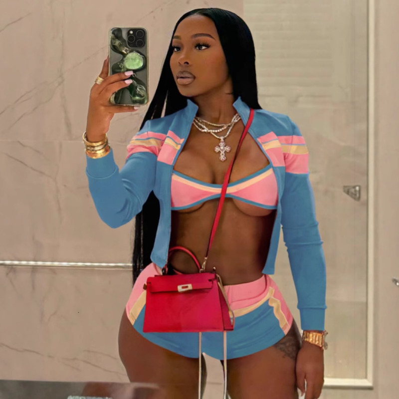 Women Tracksuits Three Pieces Set 2025 New Fashion Clothing Color Block Long Sleeve Off-shoulder Tie Hot Pants Sportwear