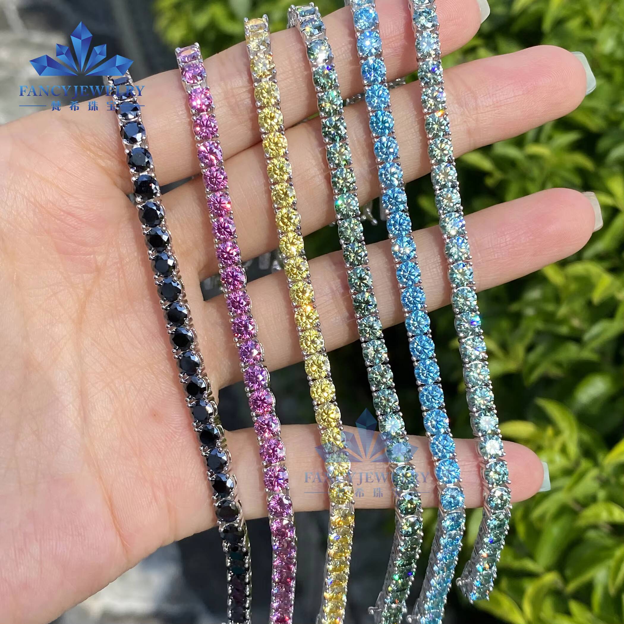 Wholesale Fine 925 Sterling Silver Hip Hop Blue Moissanite Tennis Chain 4mm Diamond Tennis Bracelet Moissanite