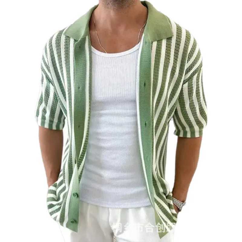 Summer Elegant Striped Mens Knitted Polo Shirts Short Sleeve Turn-Down Collar Button Cardigan Top Mens Casual Knitted Shirt XJ250805