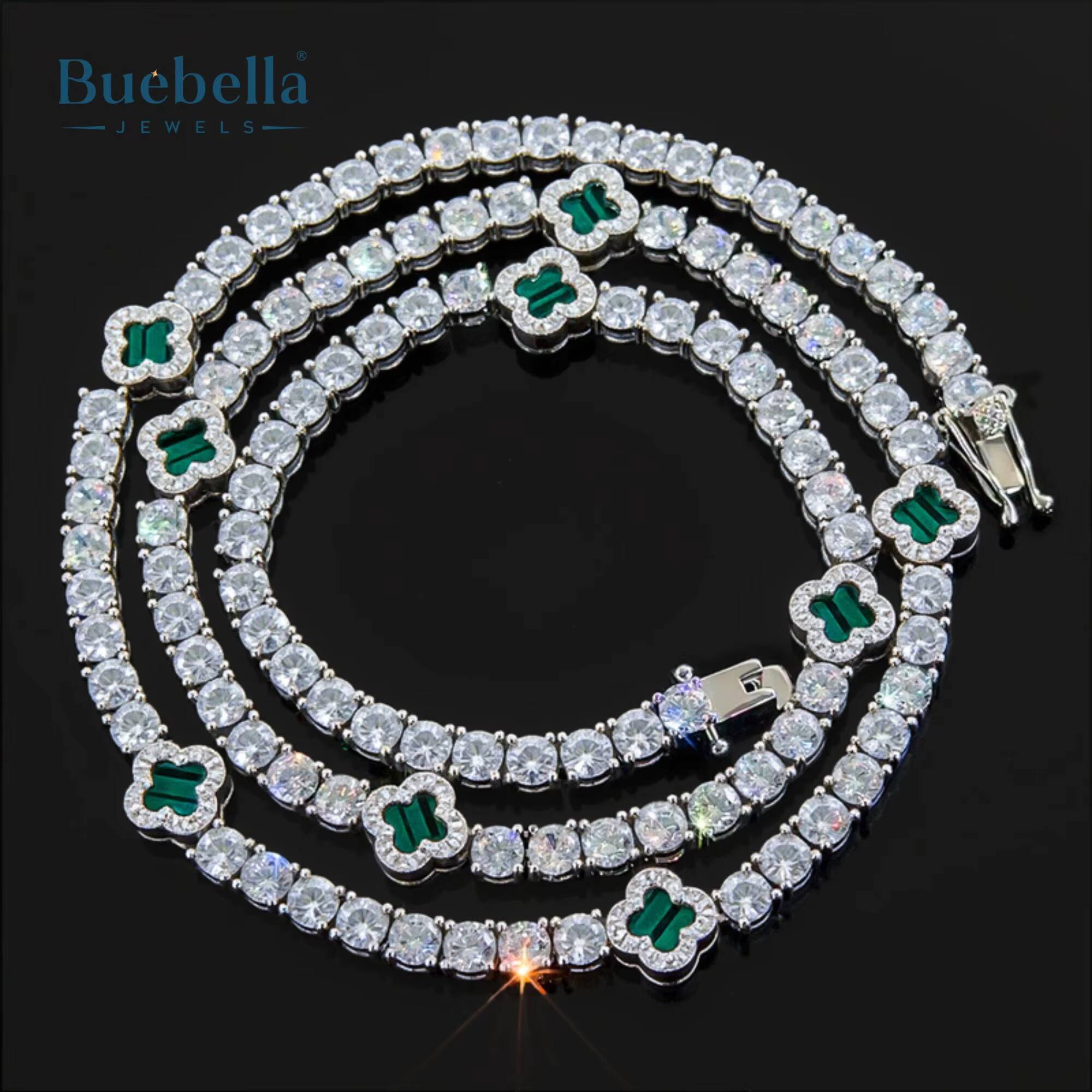 Hot Sale 14K White Gold Plated Cuban Link 925 silver 9mm green Clover Leaf Moissanite Tennis Chain