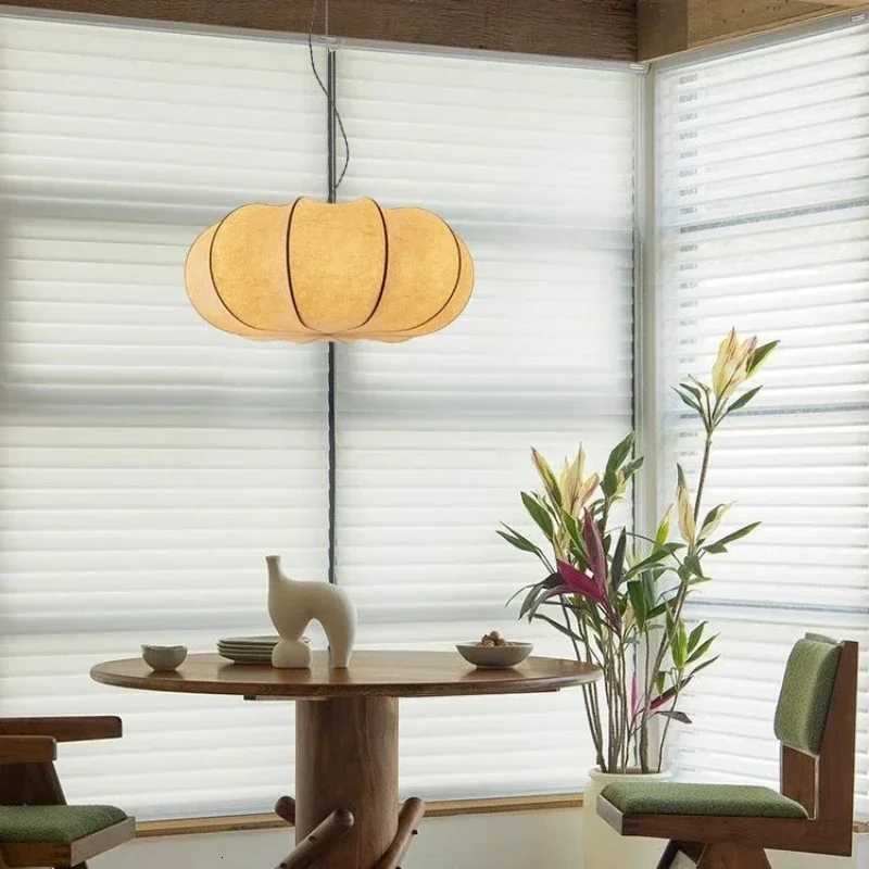 French Silk Pendant Light Creative Art Pumpkin Shaped Zen White Lamp For Living Room Study Cafe Restaurant Master Bedroom Light XJ250804