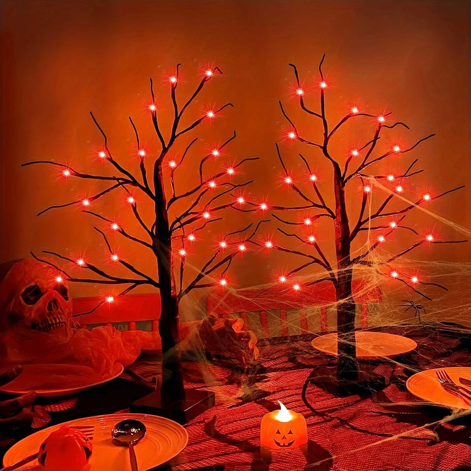 Halloween birch tree light orange purple 24 LED black branch tree string light USB/battery powered desktop holiday decoration XJ250804