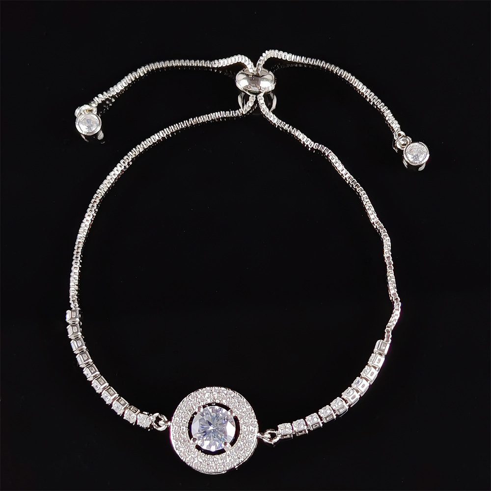 Valentine's Day Micro Pave Zircon Adjustable Round Disc Full Dia Pull-out Couple Bracelet