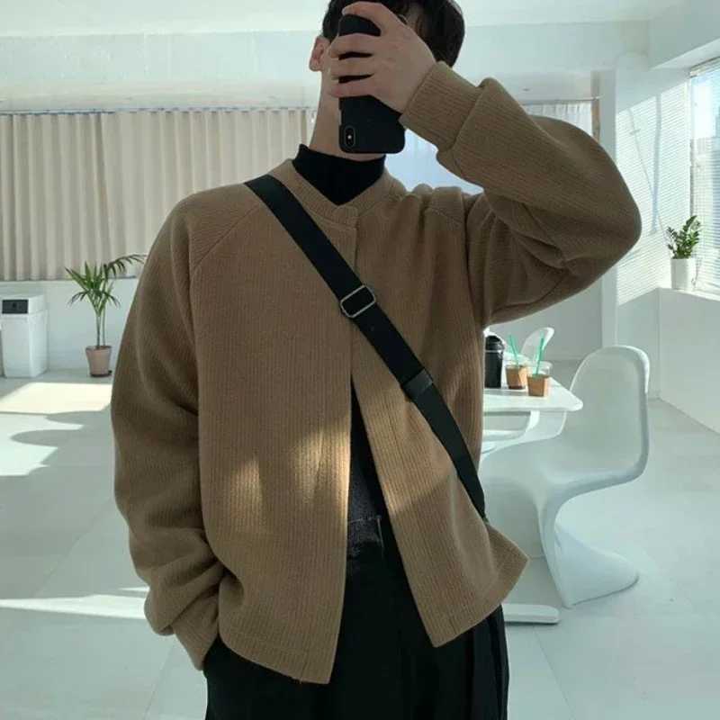 Knitted Sweaters for Men Coat Crewneck Man Clothes Jacket Smooth Cardigan Cropped Round Collar Solid Color Short Plain Jumpers S XJ250805