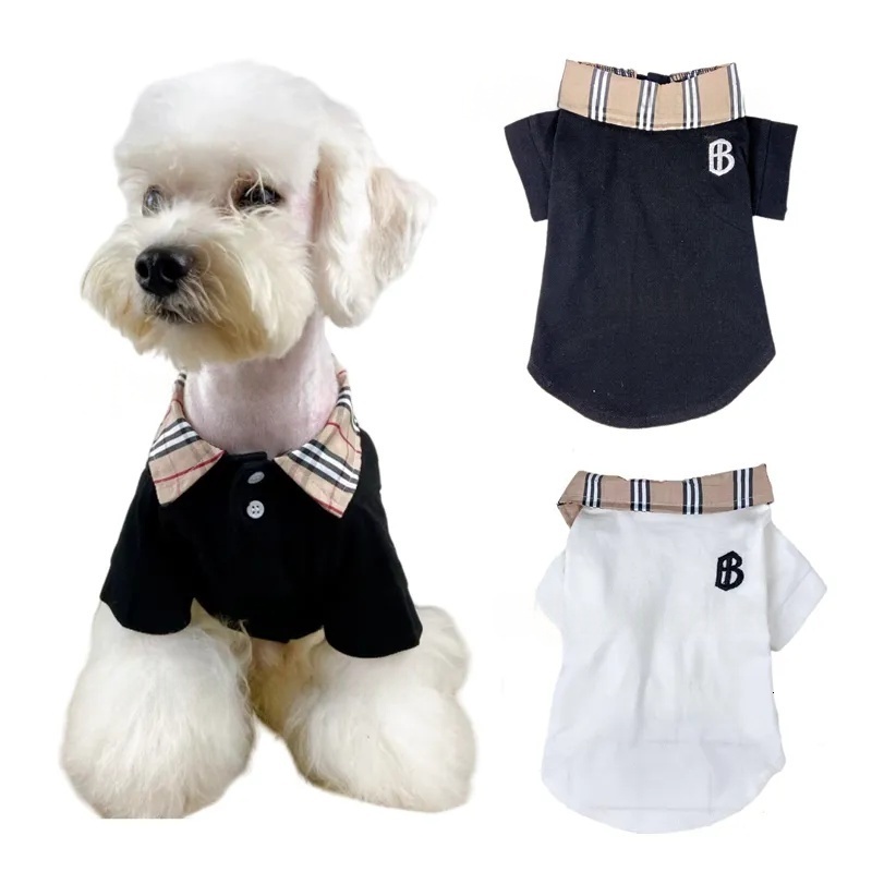 Designer Clothes Luxurious Apparel Embroidered Letters Dog Shirts Cotton Polo T-Shirts for Small Dogs with a Two-Button Classic Plaid Pattern Collar 1