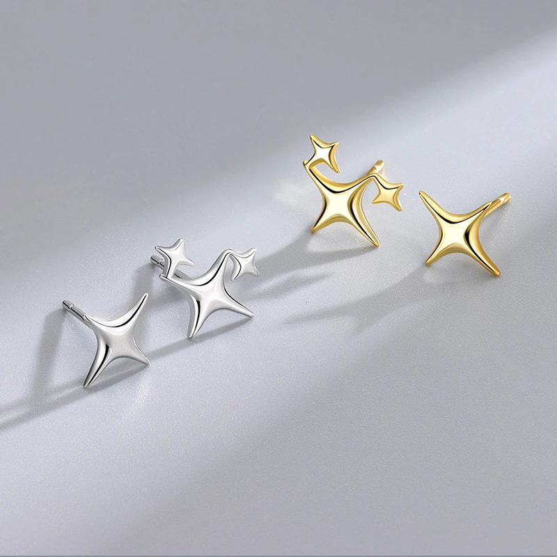 S925 Silver Needle Gold Color Star Small Stud Earrings For Women Girl Korean Tiny Asymmetry Cross Earring Summer Jewelry Gift 250729