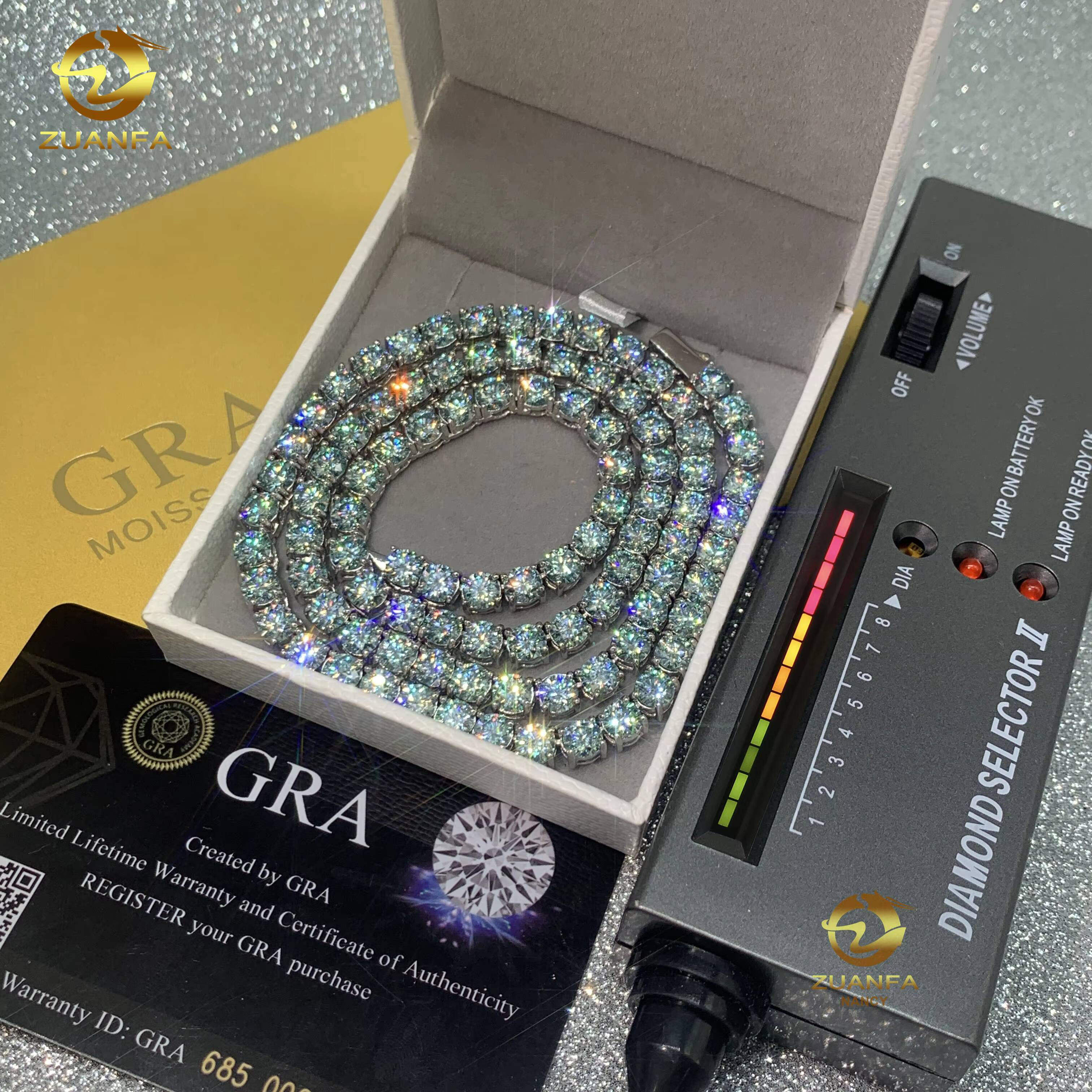 Hot Sale 3mm 4mm 6.5mm S925 Sterling Silver Gold Plated Blue Green Diamond Necklace Moissanite Tennis Chain