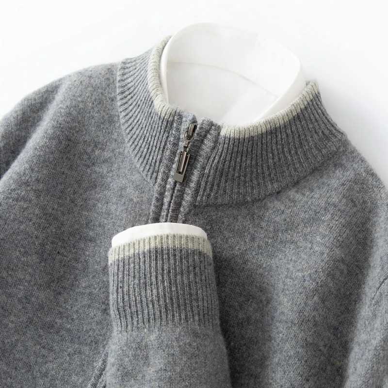 Mens 100% Merino Wool Warm Sweater Mock Collar Thickened Zippered Cardigan Autumn Winter New Cashmere Knitted Montage Tops XJ250805