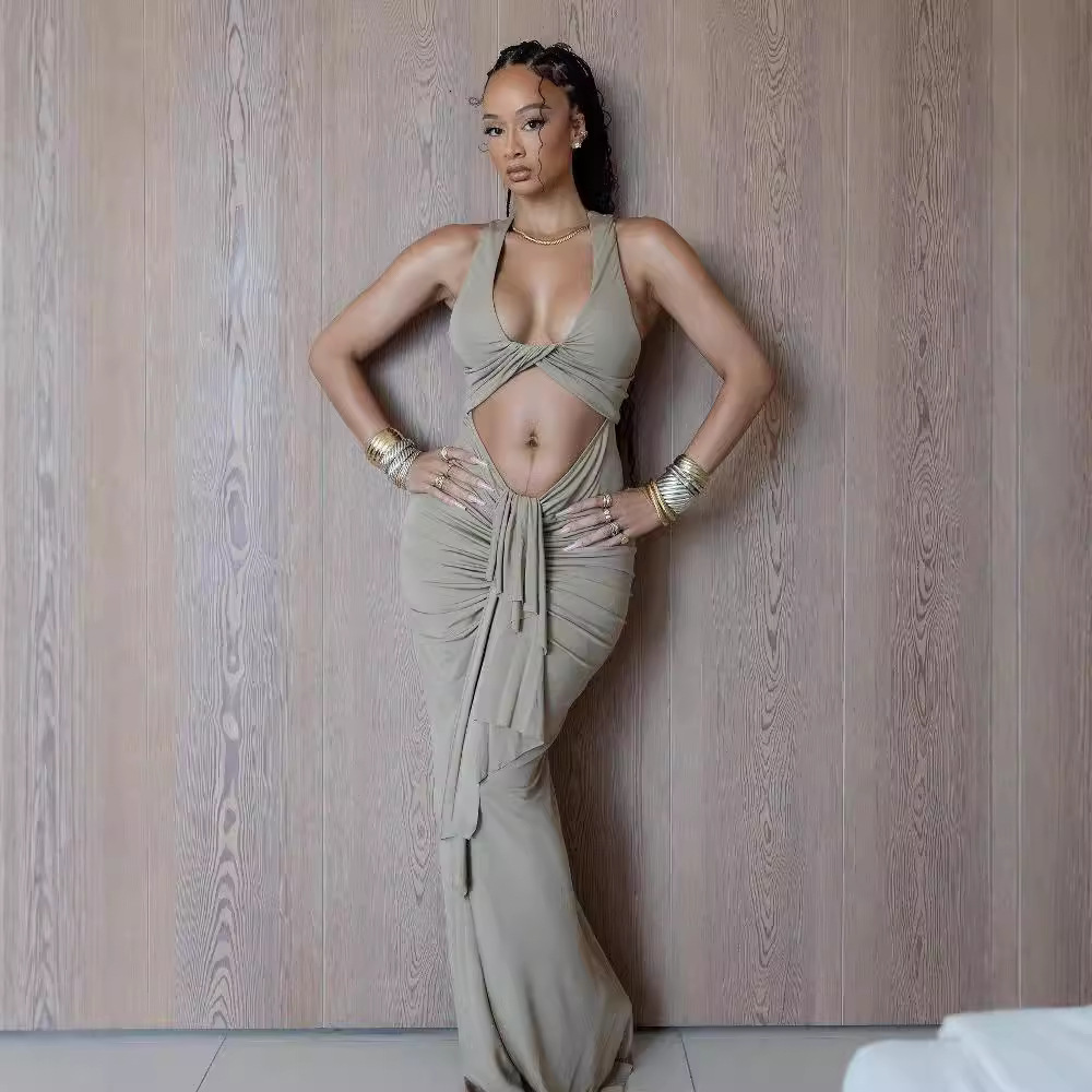 2025 Summer Fashion Sexy trend Twisted Hollow Long Skirt with Ruffles and Straps, Open Collar Fashion Sleeveless Mermaid Dress, New Designer Dress