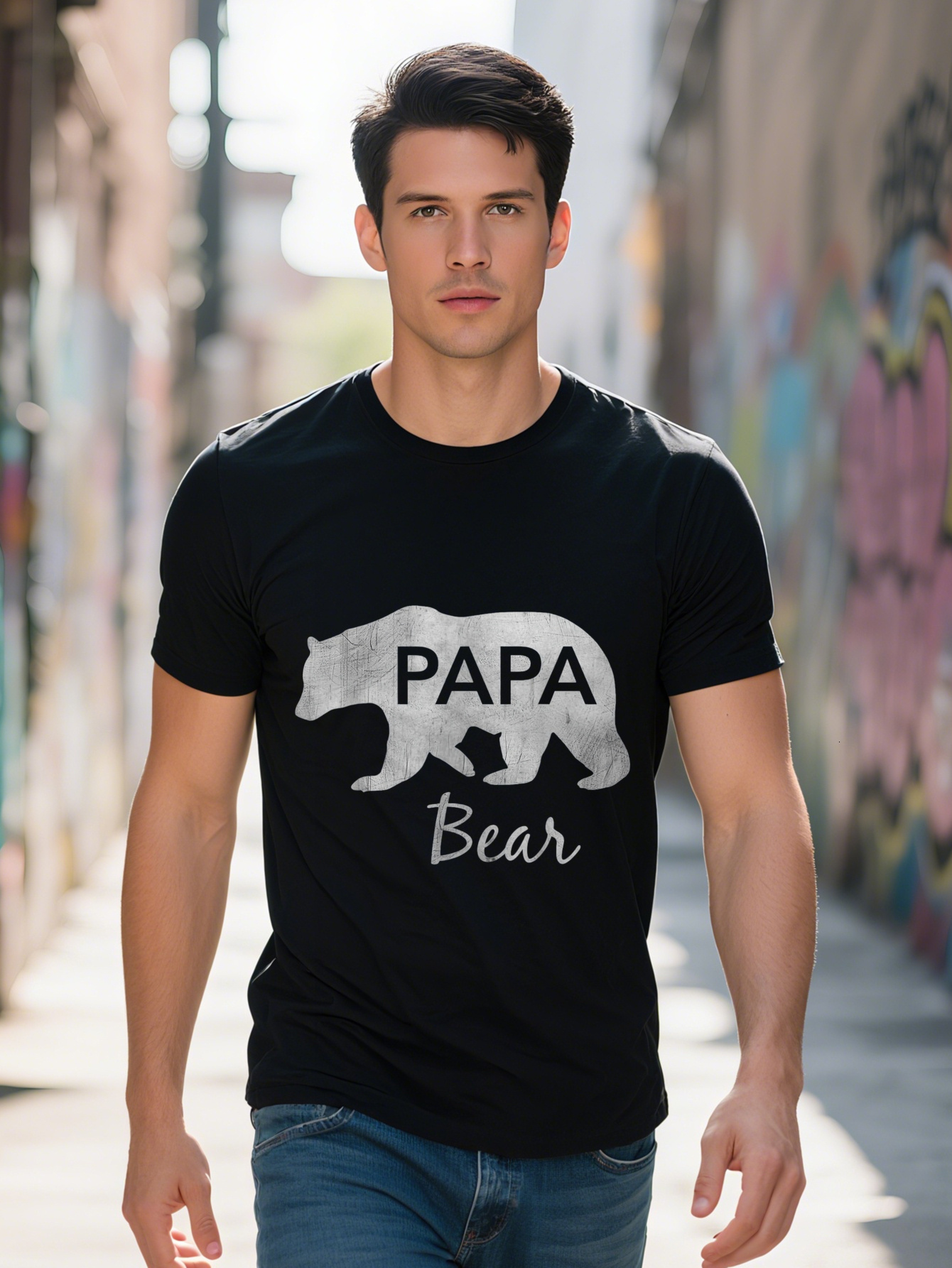 Bear Graphic T-Shirt - 100% Cotton, Black Crew Neck T-Shirt, Designed with Papa Bear, Perfect Gift for Dad, Dad or Grandpa, Casual Men's Wear, Sm
