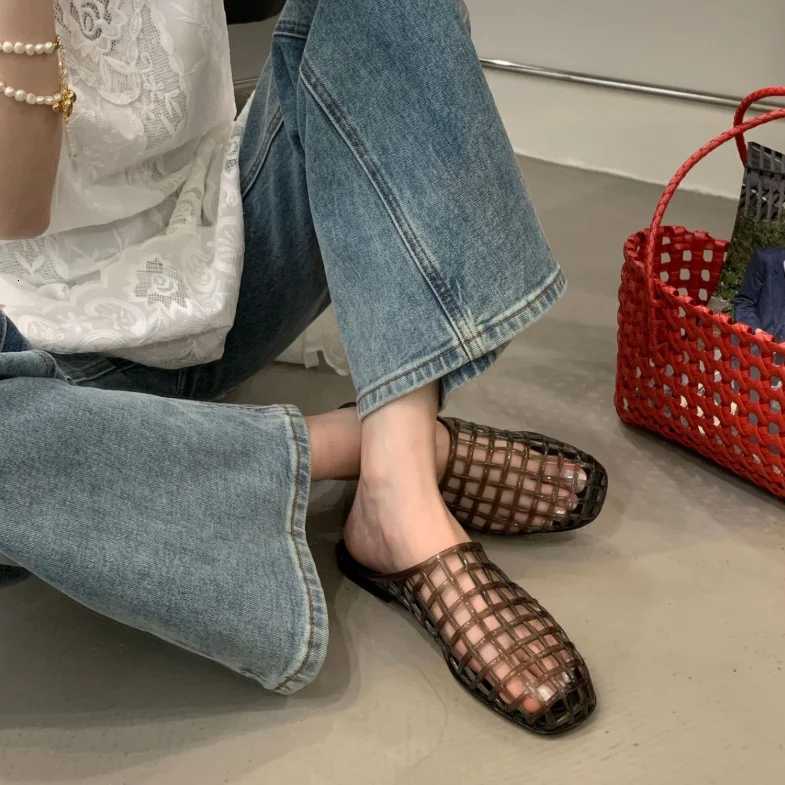 2025 Womens New Flat Slippers with Hollow PVC Breathable Summer Outerwear Baotou Bag and Casual Jelly Slippers W250805