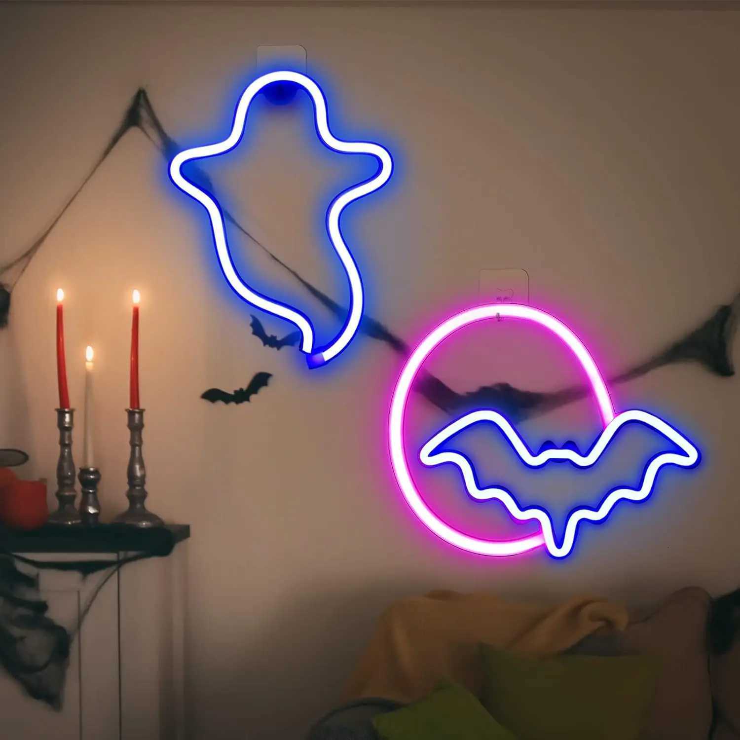 2pcs Ghost Bat Neon Light Scene Atmosphere Light USB/Battery Powered Halloween Party Bedroom Home Decoration XJ250804