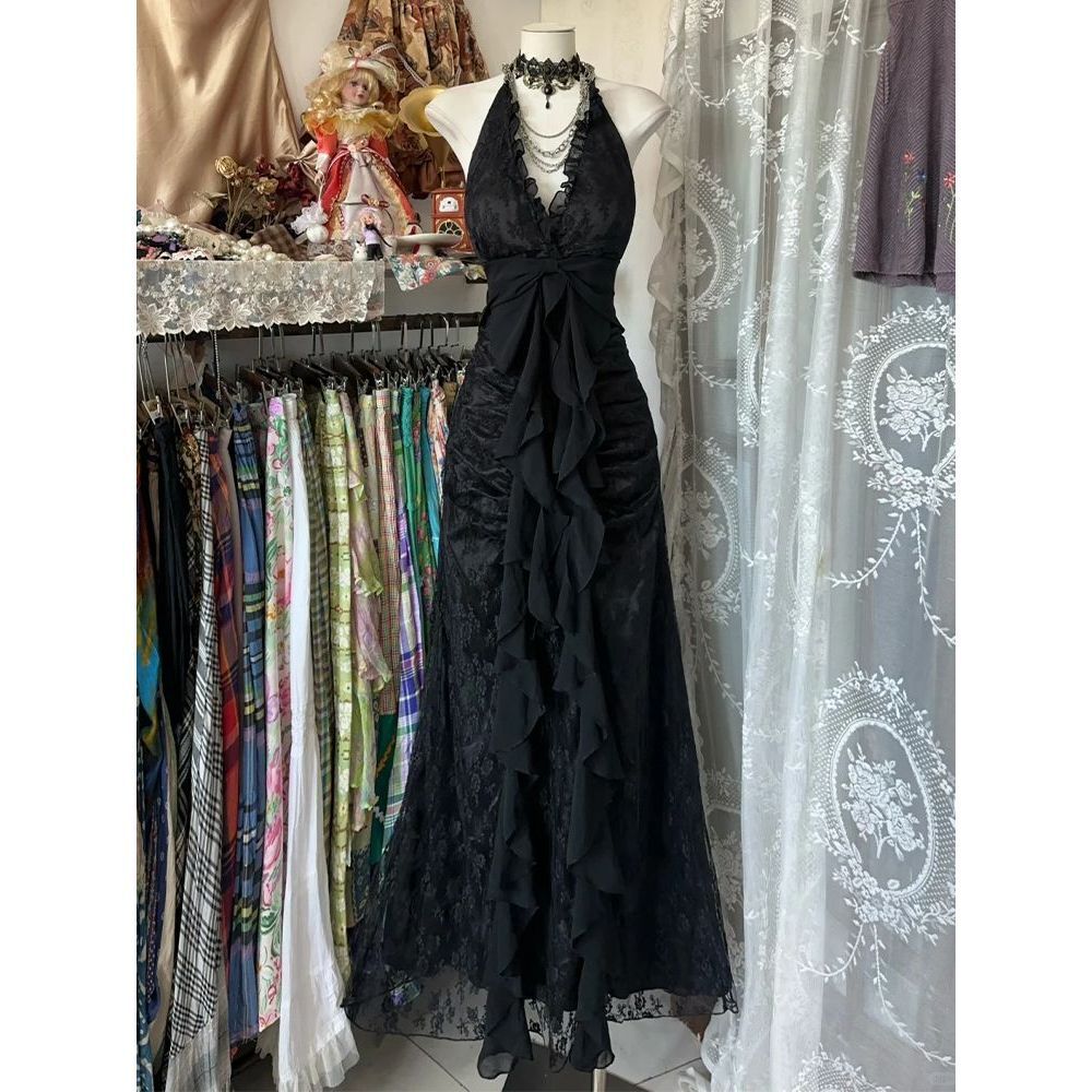 2025 black veil fashion moon retro backless collar black dress retro elegant summer dress new designer dress