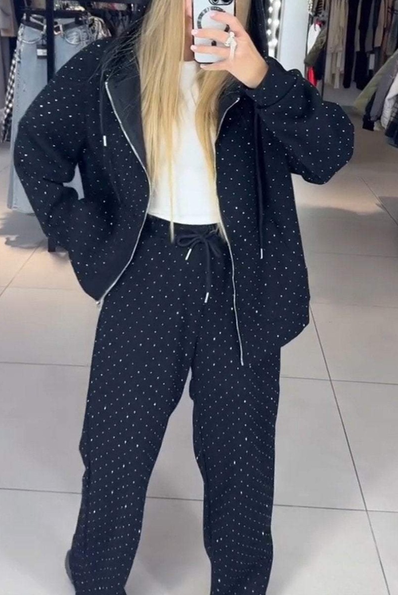 Fashion Rhinestone Sweatshirt Outfit Casual Women Zipper Coat and Long Pants Sports Suit Autumn Long Sleeved Loose Two Piece Set
