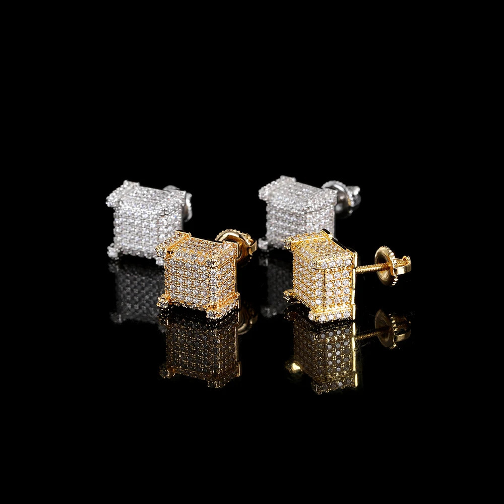 925 Sterling Silver Square Screw Stud Earrings Pave CZ Iced Out Screw Back Hypoallergenic Cube Large Stud Earrings For Men Women 250804