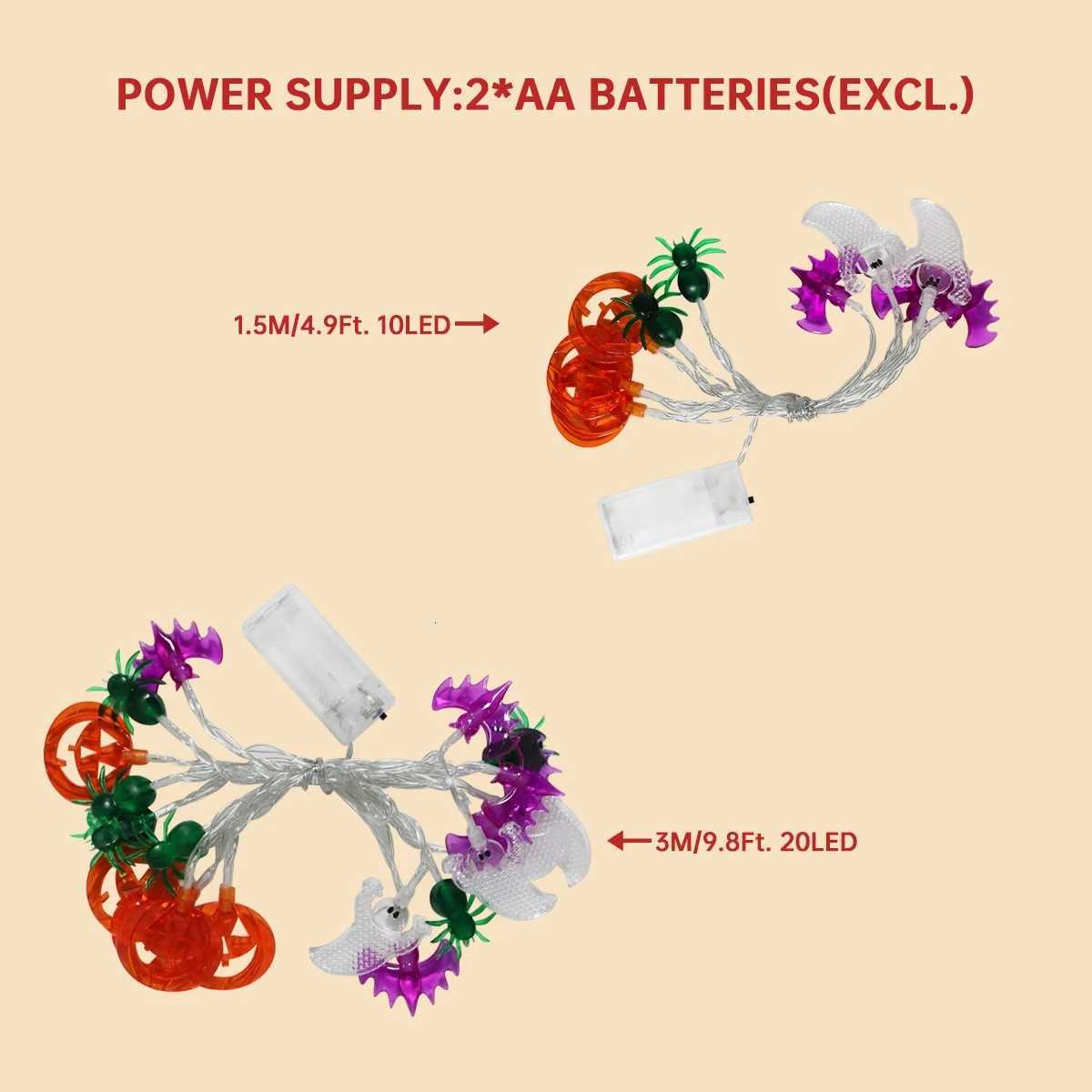 1pc Halloween Mixed LED String Lights With Spider Pumpkin Bat Ghost Battery Operated Fairy Lights For Home Halloween Party Decoration XJ250804