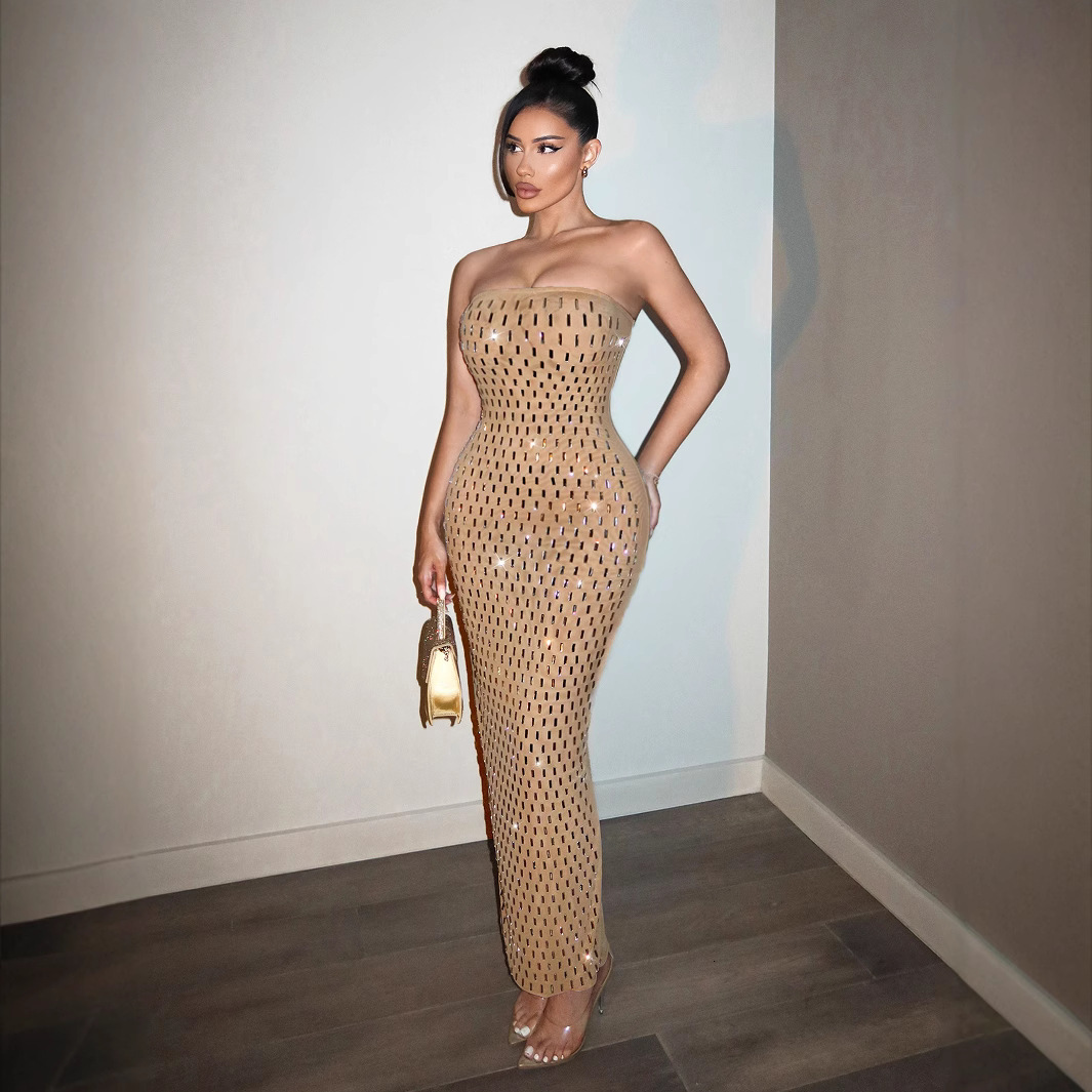 2025 Summer Banquet Evening fashion Dress Shining Diamond Slimming Strapless Dress High end Light Luxury Niche Sexy Long Dress New Designer Dress