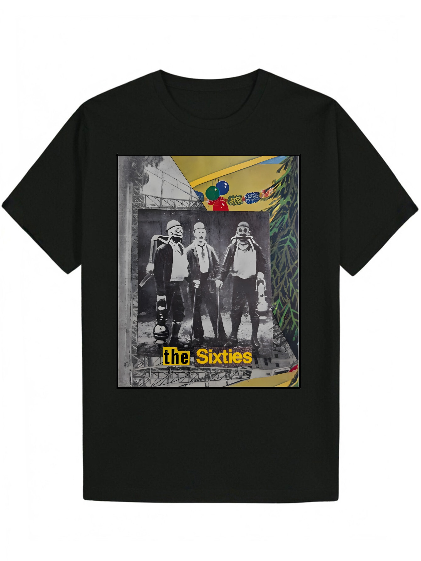 Black Summer Pattern - Round Neck Polyester T-Shirt 'THE SIXTIES' Portrait Design, Machine Washable, Lightweight and Breathable, Suitable fo
