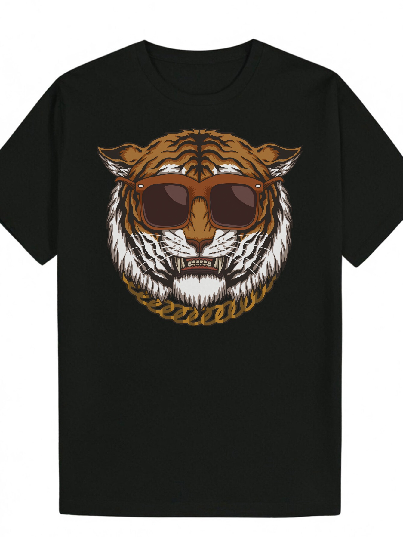 Men's Summer Tiger Pattern - Black Round Neck Polyester T-Shirt with Cool Fashion Glasses Design, Machine Washable, Lightweight and Breathable, S