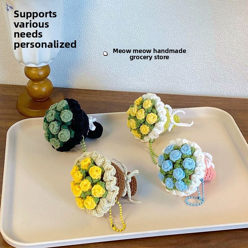 DIY Creative Yarn Knitting Mini Handheld Flower Small Bouquet Keychain Bag Pendant Best Friend Gift Finished Product