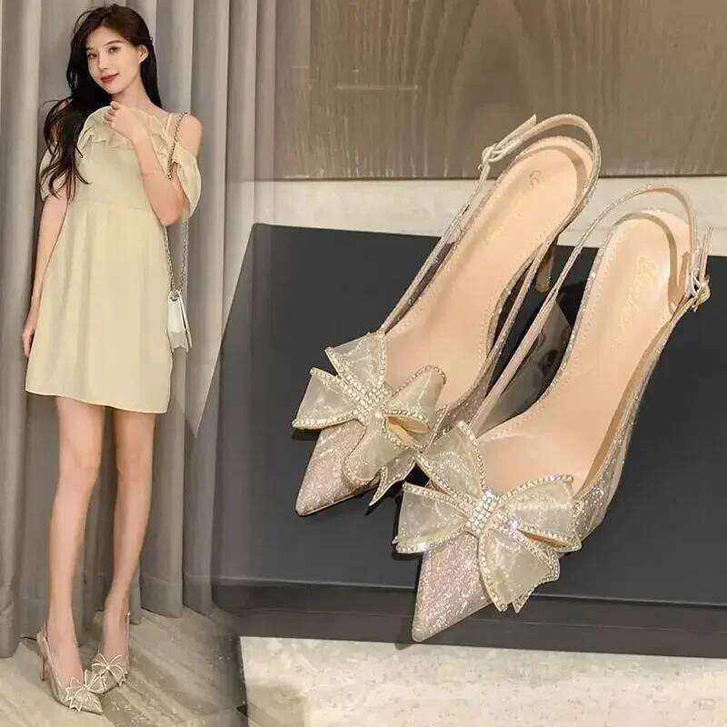Spring Summer New Champagne Office Women High Heels With Bow Rhinestone Pointed Toe Thin Heel Sandals Party Ladies Shoes