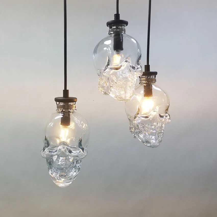 Retro Skull Clear Glass Pendant Light Holder Vintage Ghost Design Bar Restaurant Halloween Home Decor Ceiling Lighting Fixture XJ250804
