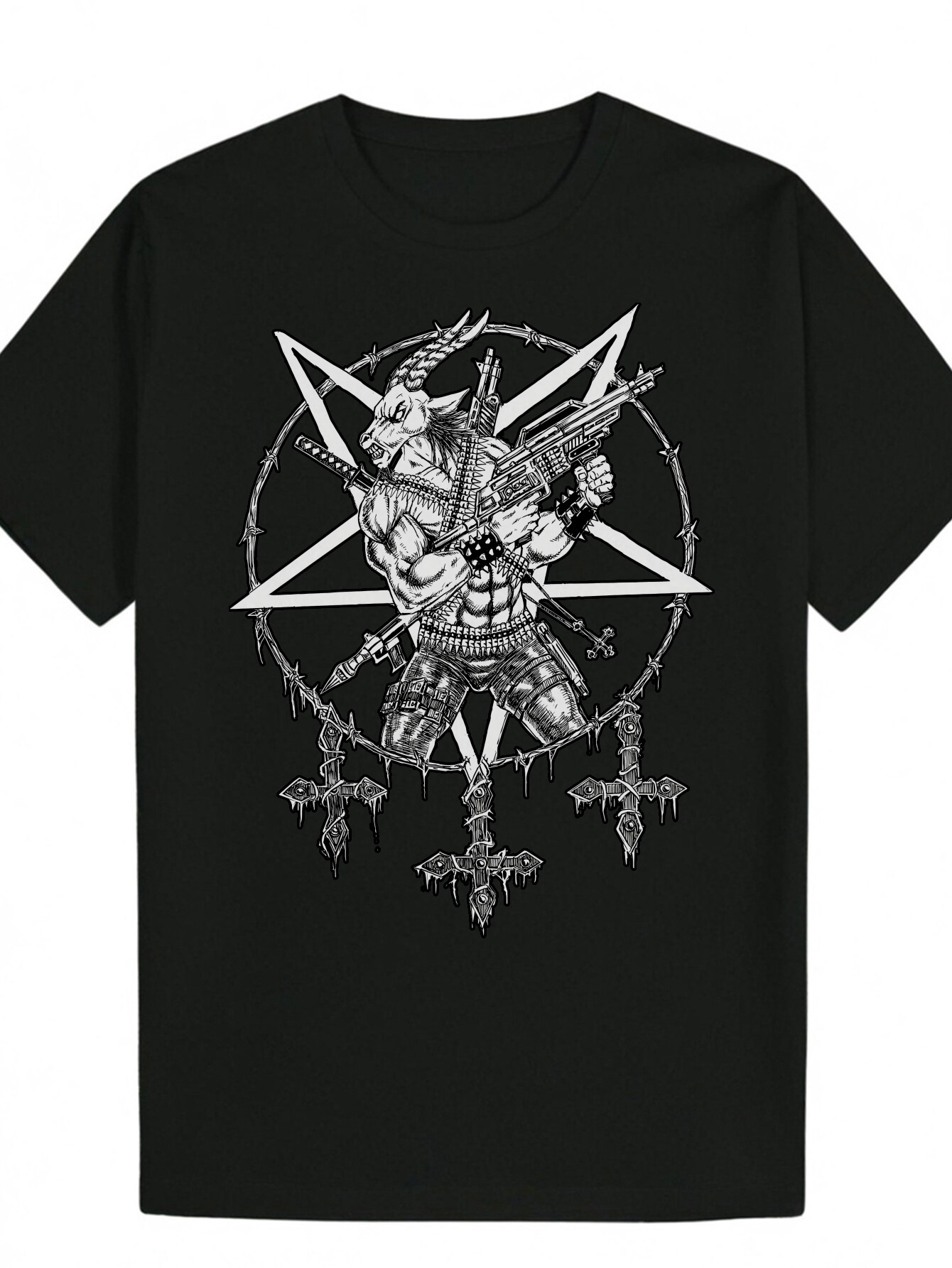 Men's Crew Neck T-Shirt with Intricate Star and Pattern - Black Polyester, Summer Style, Regular Fit, Casual Wear Skull Print Top | Elastic fabri