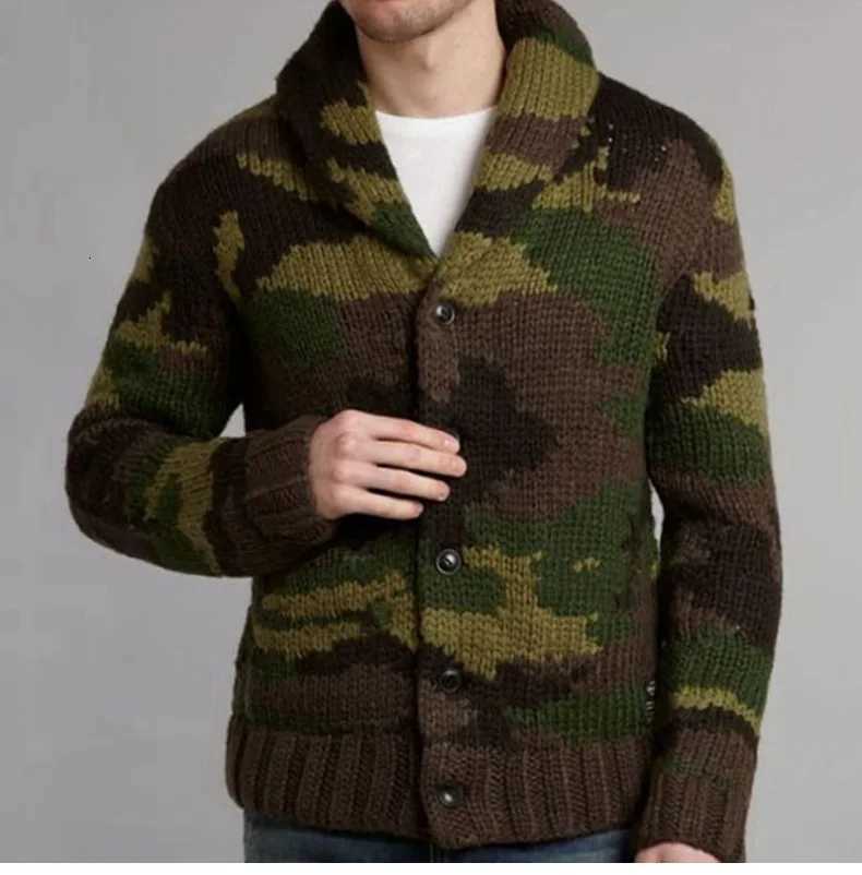 New Mens Camouflage Jacquard Sweater Lapel Cardigan Knit Jacket Single-breasted Winter Thick Coat Vintage Outerwear Jersey 3XL XJ250805