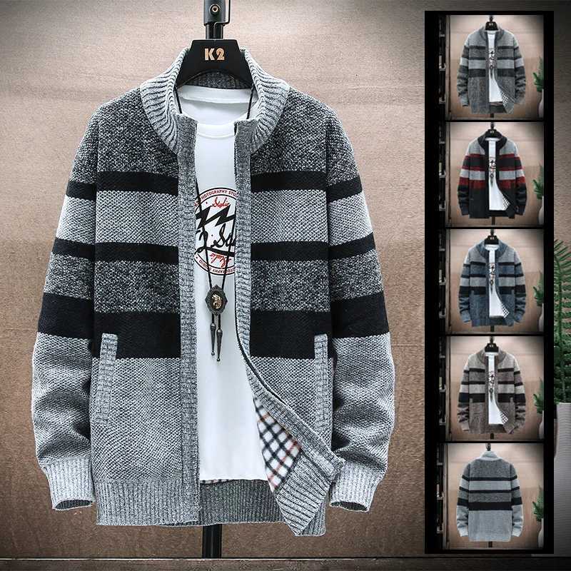 Mens Winter Striped Sweater Cardigan Patchwork Thick Warm Sweaters Coat Fleece Thick Warm Knitwear Zip Up Coat Mens Jacket XJ250805