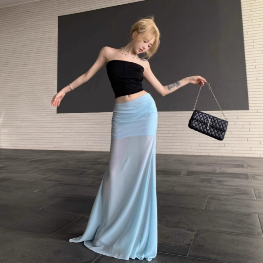 2025 black shorts sexy pure desire strapless slim fit chiffon mesh half skirt mermaid long skirt women's summer two-piece fashion set fashionable