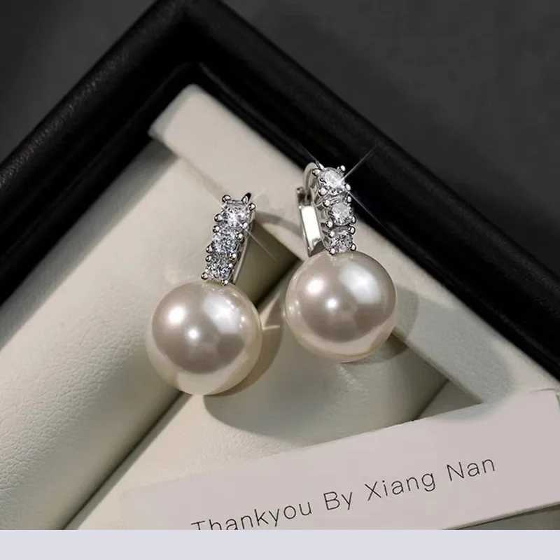 925 Sterling Silver Zircon Round 10/12mm Pearl Pendant Hoop Earrings For Women Party OL Fine Jewelry Light Luxury Accessories Y250804