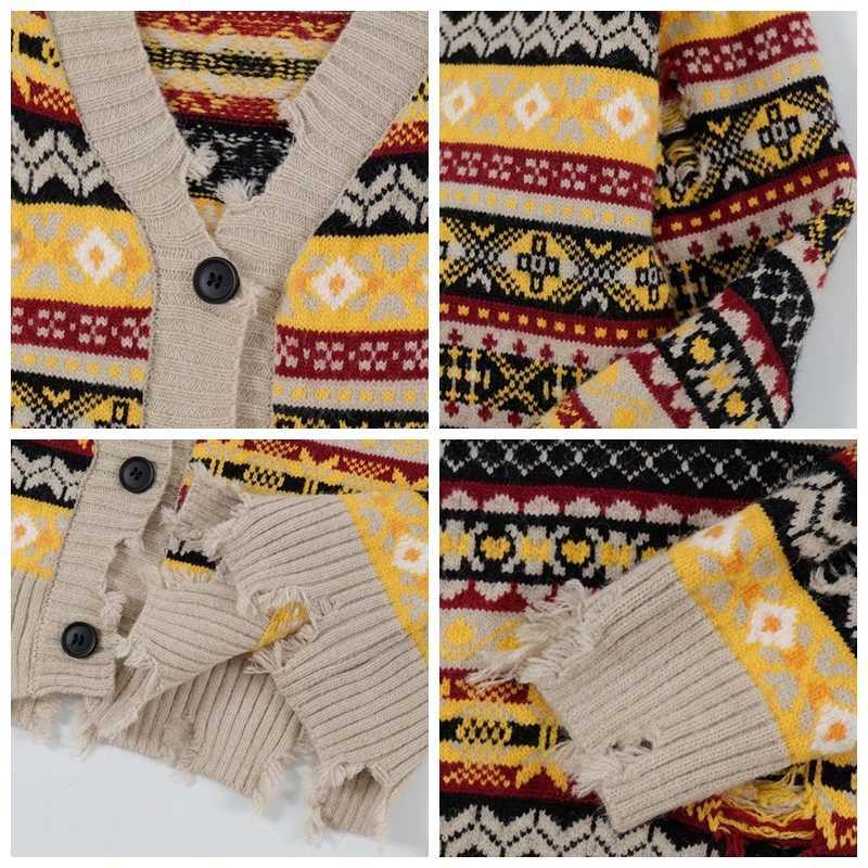 Retro Rainbow Striped Cardigan Sweater Mens Autumn New Trendy Su Outwear Y2k Knitwears Oversize Raw Edges Frayed Sweatercoat XJ250805