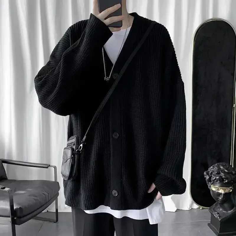 Knit Sweater Male Black Coat Cardigan Mens Clothing Japanese Harajuku Fashion V Neck Plain Solid Color Jacket Knitwears X Ugly XJ250805