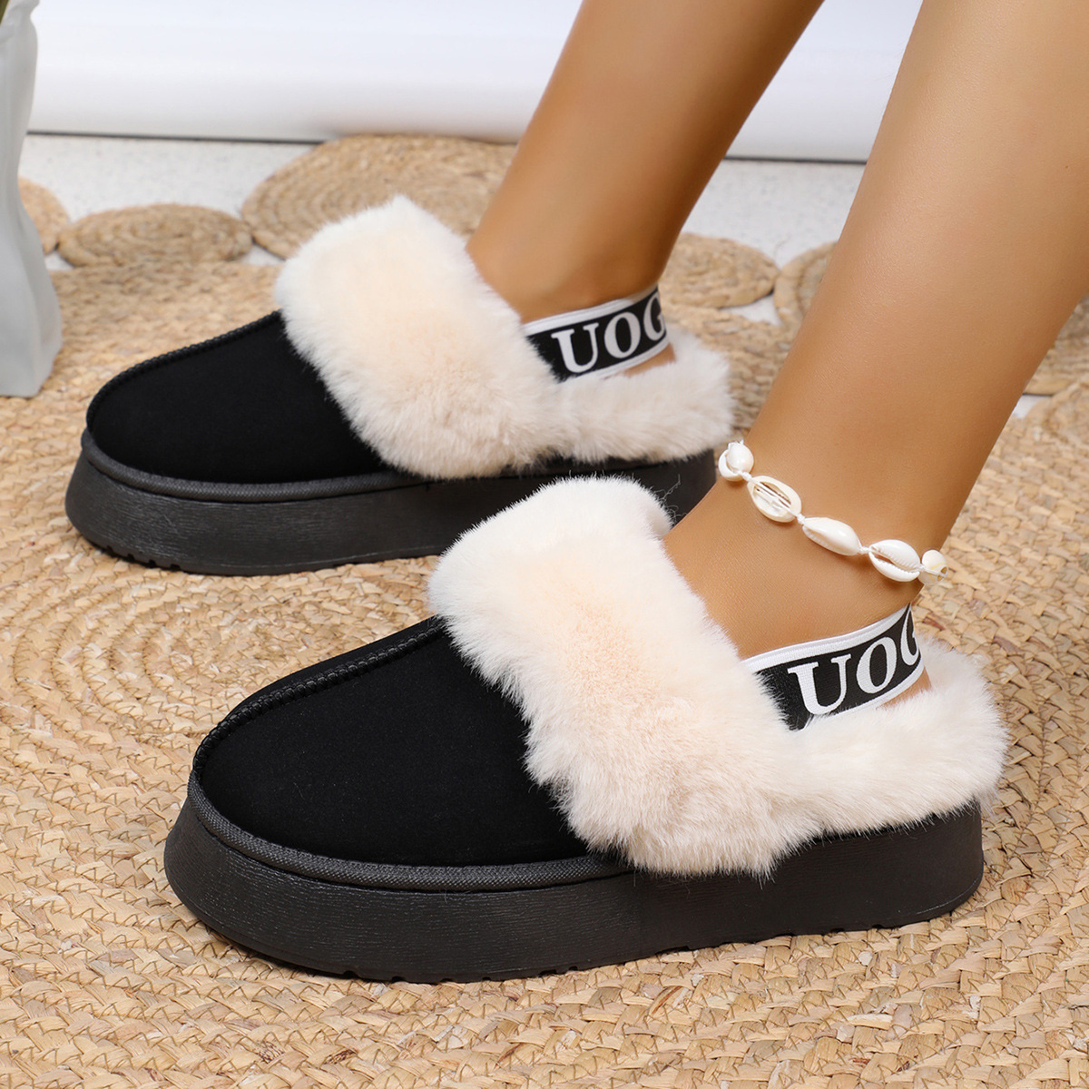 new Winter Snow Women Two-Way Design Thick-Soled Slippers Fleece-Lined Warm Suitable for Outdoor Wear Plush Internet-Famous Fur Slippers