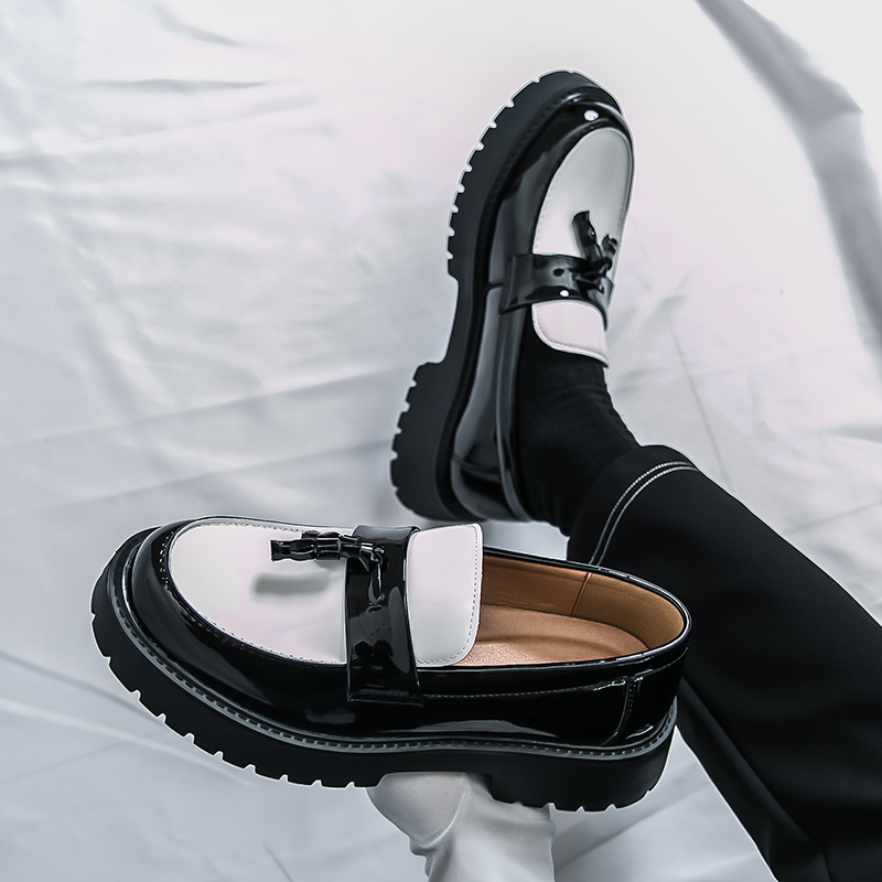 55002- Bright faced gentleman breathable leather shoes, formal business leather shoes, round toe tassel thick sole height increasing men's loafer