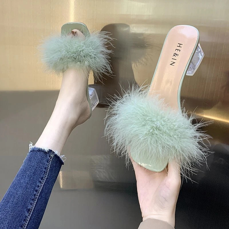 Fashion Slippers Womens Summer Open Toe Plush Fox Fur Chunky with Flip Flops Sexy Home Banquet Square Toe Simple Pumps 250814