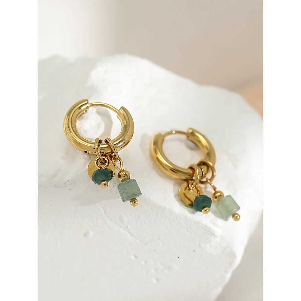 18K Gold Plated Stainless Steel Hoop Earrings for Women Vintage Green Natural Stone Charms Trendy Waterproof Jewelry Y250804