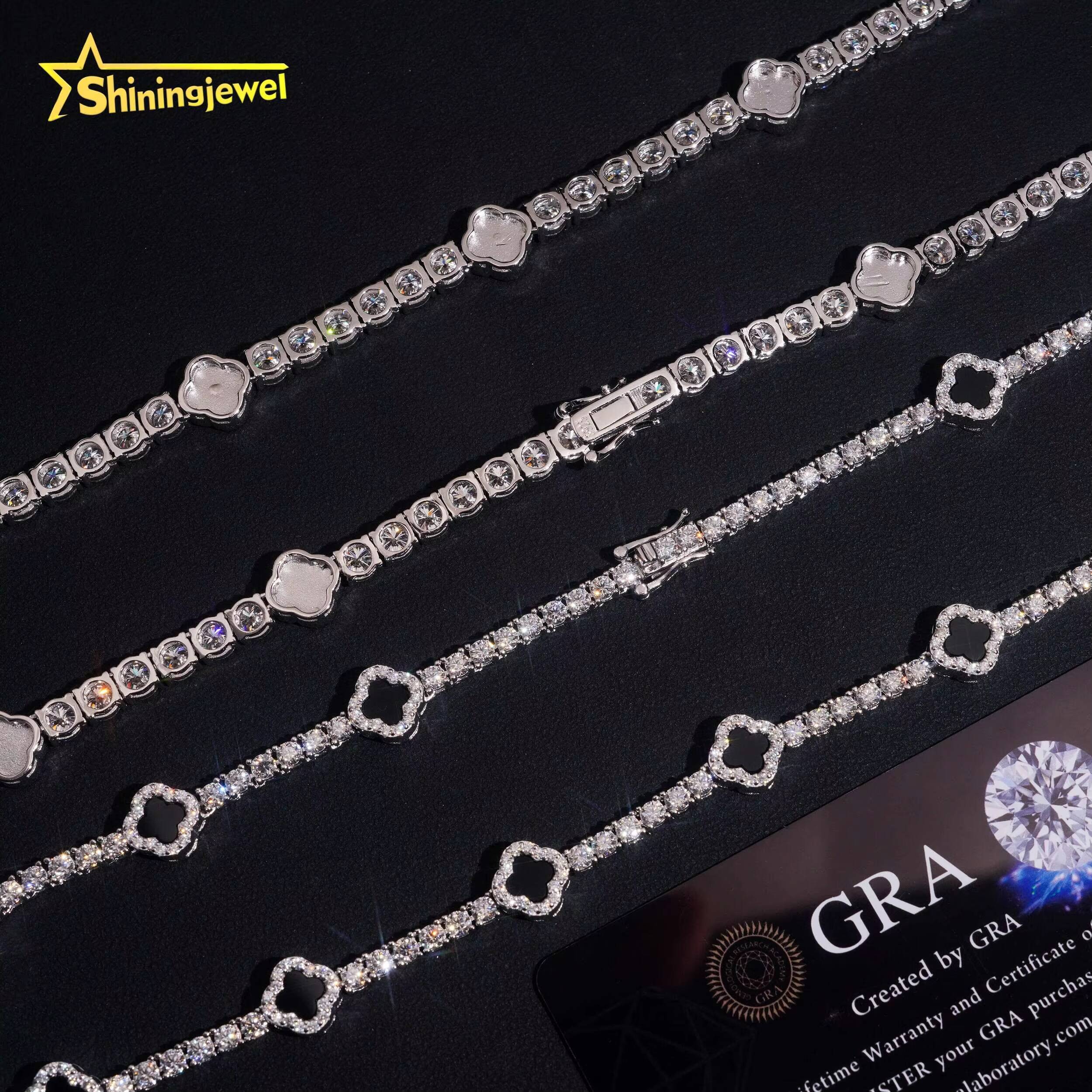 Ready Stocks 3mm 5mm Black Agate Clover Moissanite Tennis Necklace Bracelet Tennis Chain Moissanite 925 Solid Silver