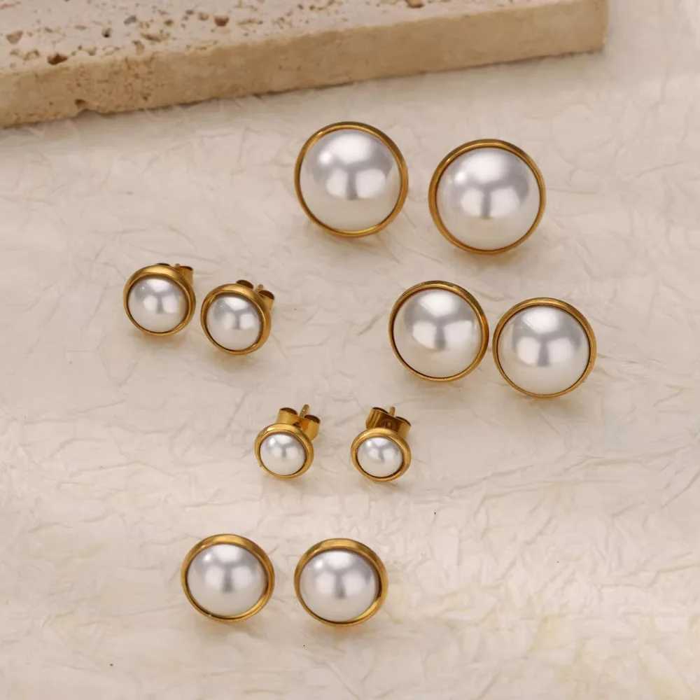 Imitation Pearl Round Earrings for Women Stainless Steel Gold Color Geometric Pearl Earring Fashion Wedding Christmas Jewelry Y250804
