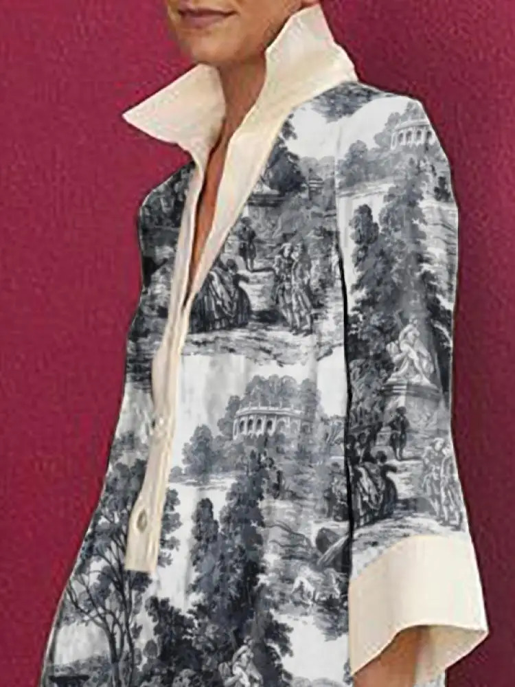 Yeezzi Female Vintage Elegant Printed Party Evening Mini Dresses 2025 Long Sleeves Loose H-line Lapel Shirts Dress For Woman 250728