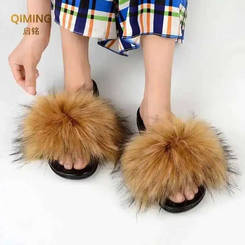 Summer Faux Fur Slippers For Women Indoor Plush Fluffy Slides Casual House Shoes Luxury Female Furry Flip Flops Flats Sandals W250805