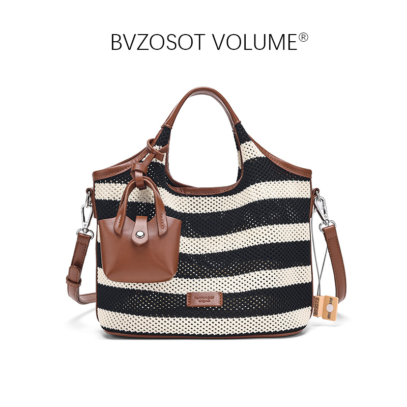 Black White Striped Tote 2025 New Style Large-Capacity Casual Hollowed-Out Beach Versatile Hand-Held Single-Shoulder And Crossbody Bag