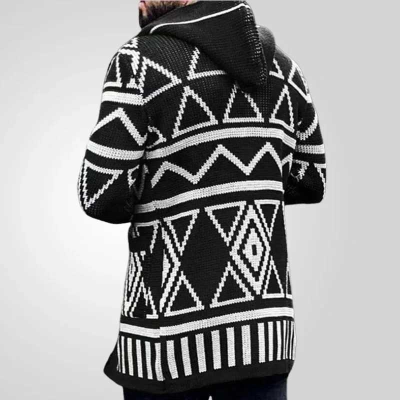 Men Cardigan Open Stitch Sweaters Mid Length Coat Hooded Full Sleeve Splice Knit Casual Regular Coats Autumn Winter 2024 XJ250805