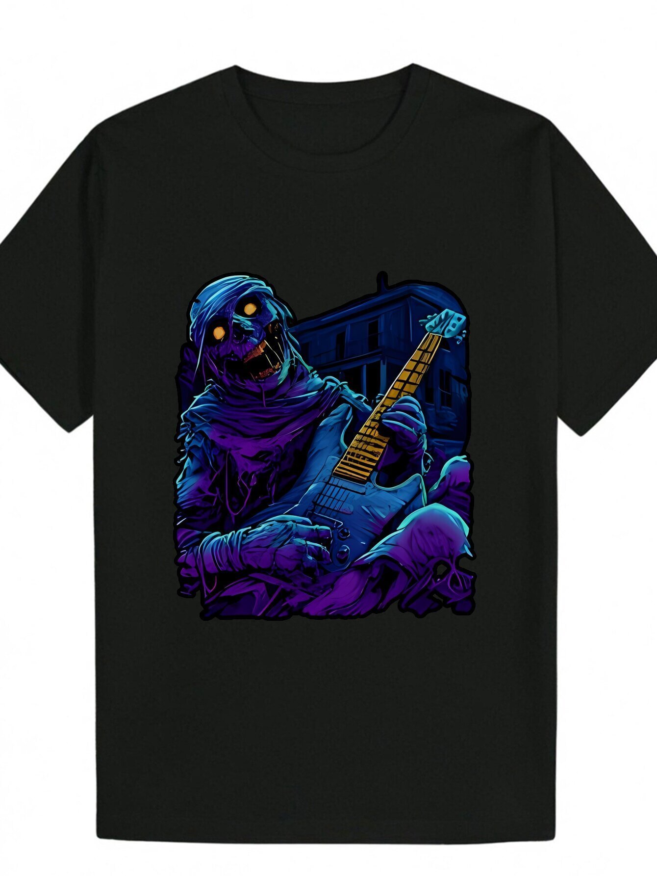 Men's Casual Polyester T-shirt|Vibrant Guitarist Pattern|Round Neck|Machine washable|Summer Streetwear|Black, colorful design|Regular Fit ffea1