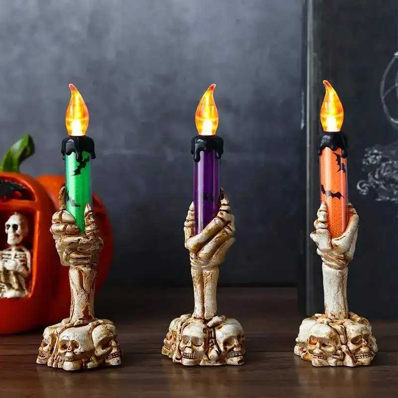 1-3PCS LED Skull Hand Candle Light Battery Operated Flame Effect Halloween Gothic Decoration for Haunted House Table Hanging Decor XJ250804