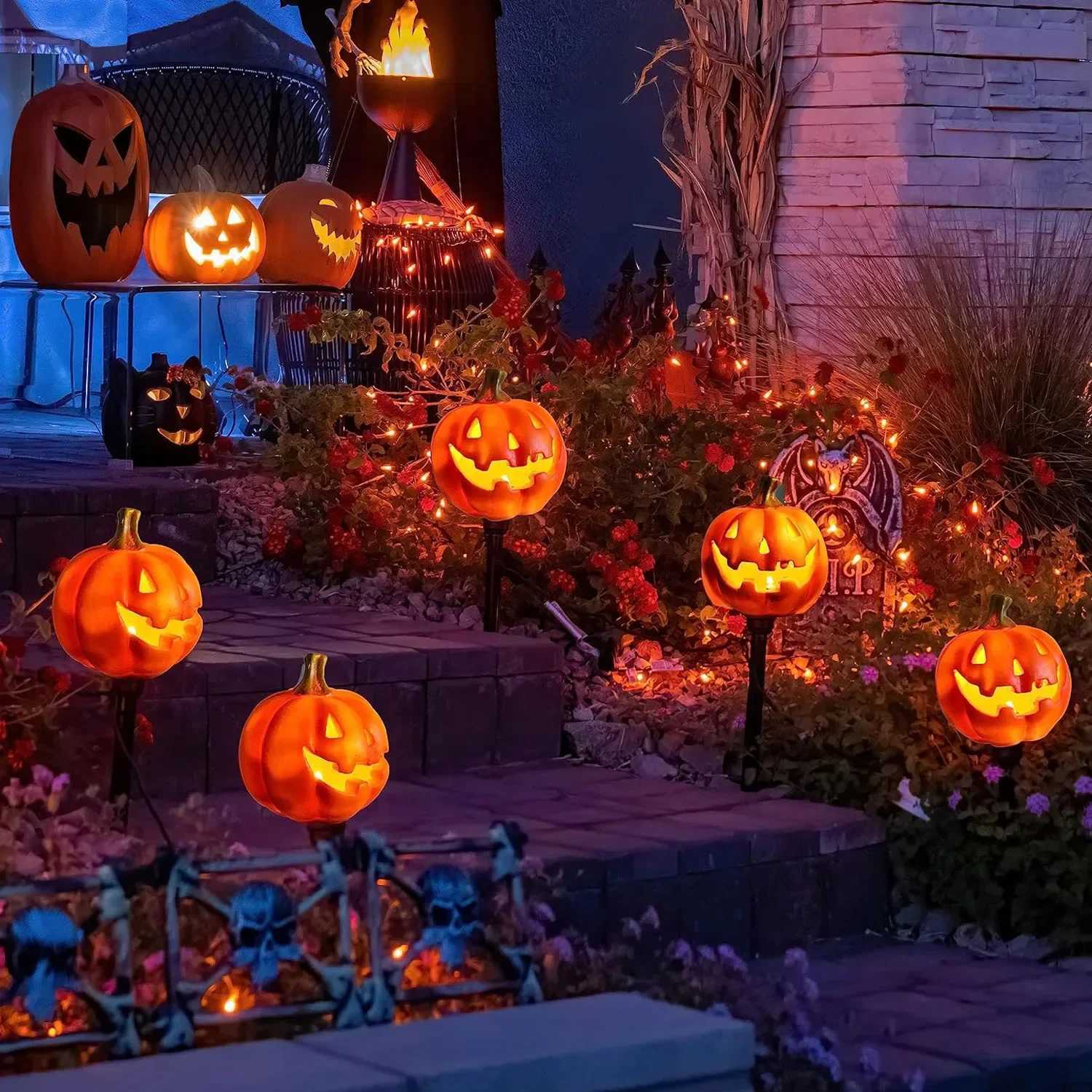 Halloween Pumpkin Candle Pathway Solar Lights Crow Yard Stake Lamp for Garden Yard Lawn Pathway Home Party Decoration WaterproofXJ250804