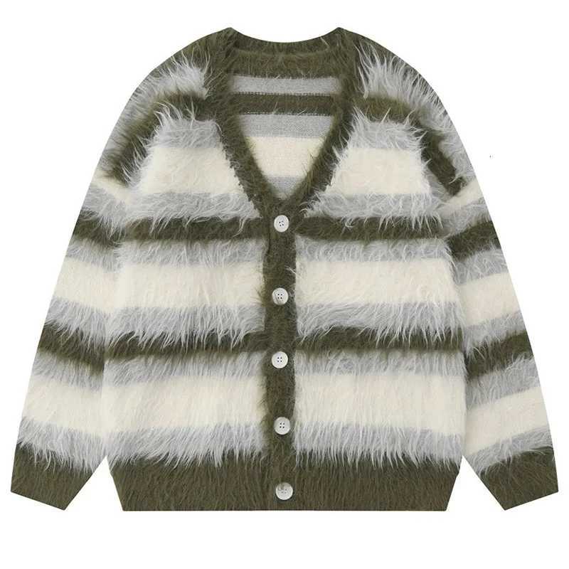 Striped Plush V-neck Sweater Mens Loose Casual Brushed Knit Trendy Couple Versatile Comfortable Harajuku High Street Cardigan XJ250805
